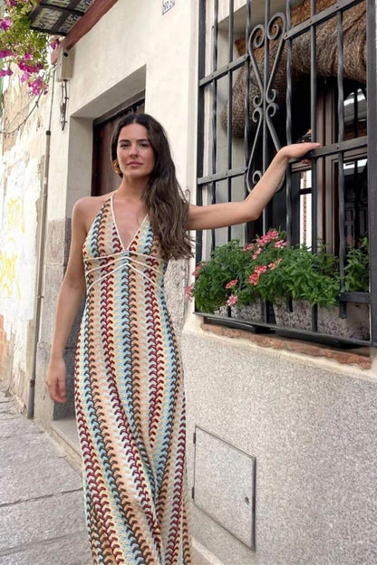 Crochet Chevron Print Halter Deep V-Neck Piped Empire Waist Maxi Dress