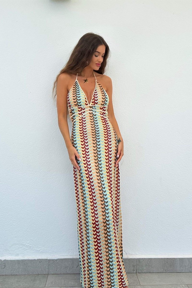 Crochet Chevron Print Halter Deep V-Neck Piped Empire Waist Maxi Dress