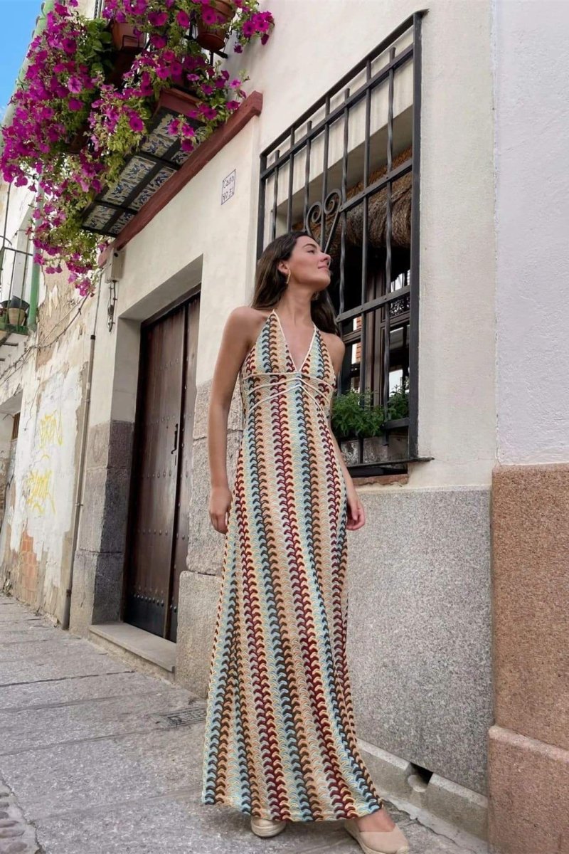 Crochet Chevron Print Halter Deep V-Neck Piped Empire Waist Maxi Dress