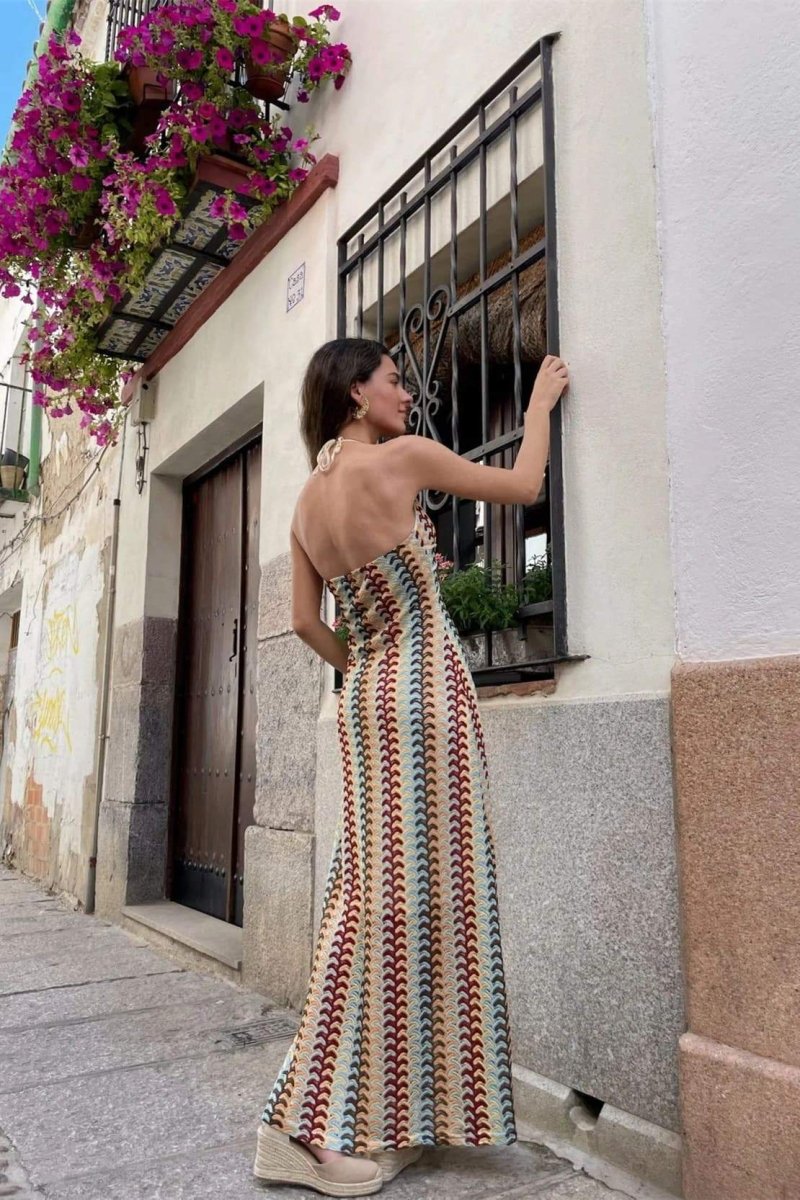 Crochet Chevron Print Halter Deep V-Neck Piped Empire Waist Maxi Dress