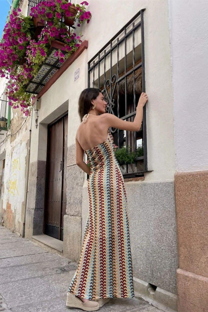 Crochet Chevron Print Halter Deep V-Neck Piped Empire Waist Maxi Dress