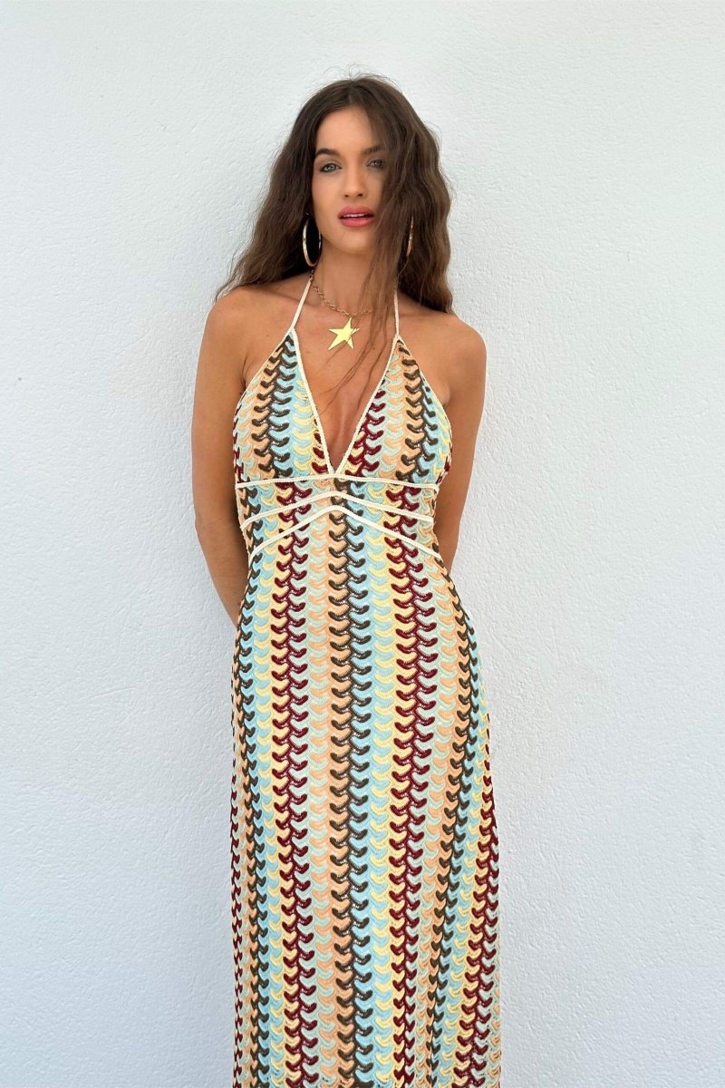 Crochet Chevron Print Halter Deep V-Neck Piped Empire Waist Maxi Dress