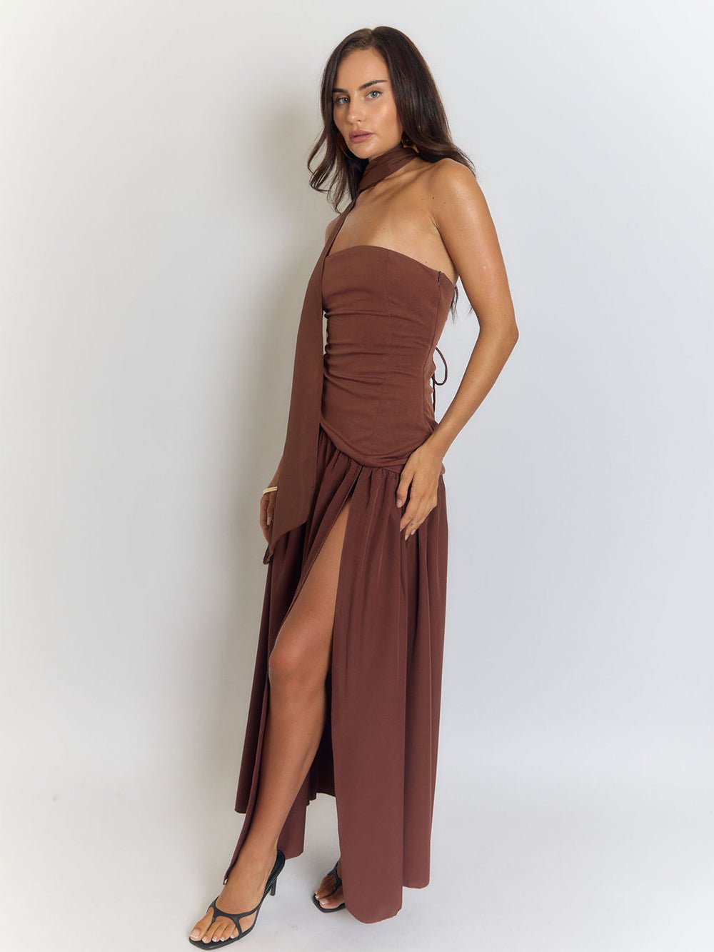 Strapless Ruched Neck Scarf Tie High Slit Column Maxi Dress