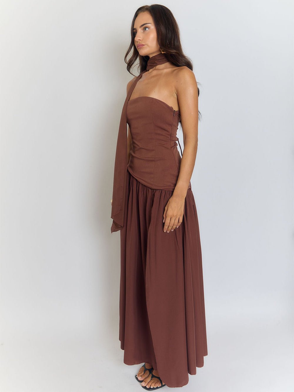 Strapless Ruched Neck Scarf Tie High Slit Column Maxi Dress