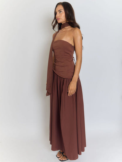 Strapless Ruched Neck Scarf Tie High Slit Column Maxi Dress