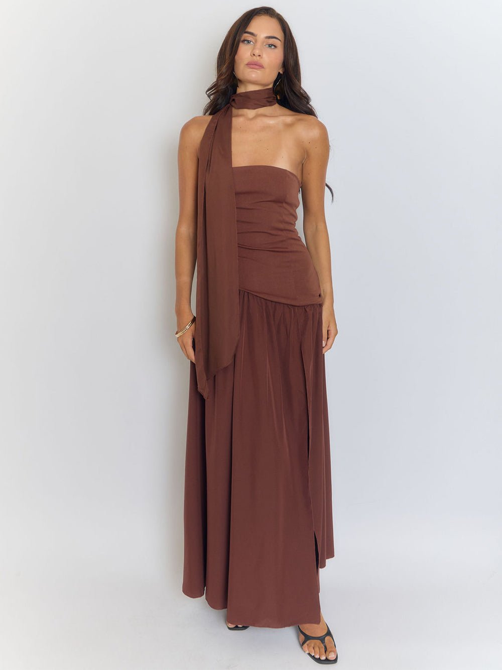 Strapless Ruched Neck Scarf Tie High Slit Column Maxi Dress