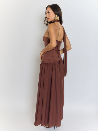Strapless Ruched Neck Scarf Tie High Slit Column Maxi Dress