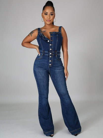 Button Up Washed Denim Jumpsuit For Women - Dark Blue Retro Bodycon Flare Leg Overalls - Summer Chic Streetwear 2026