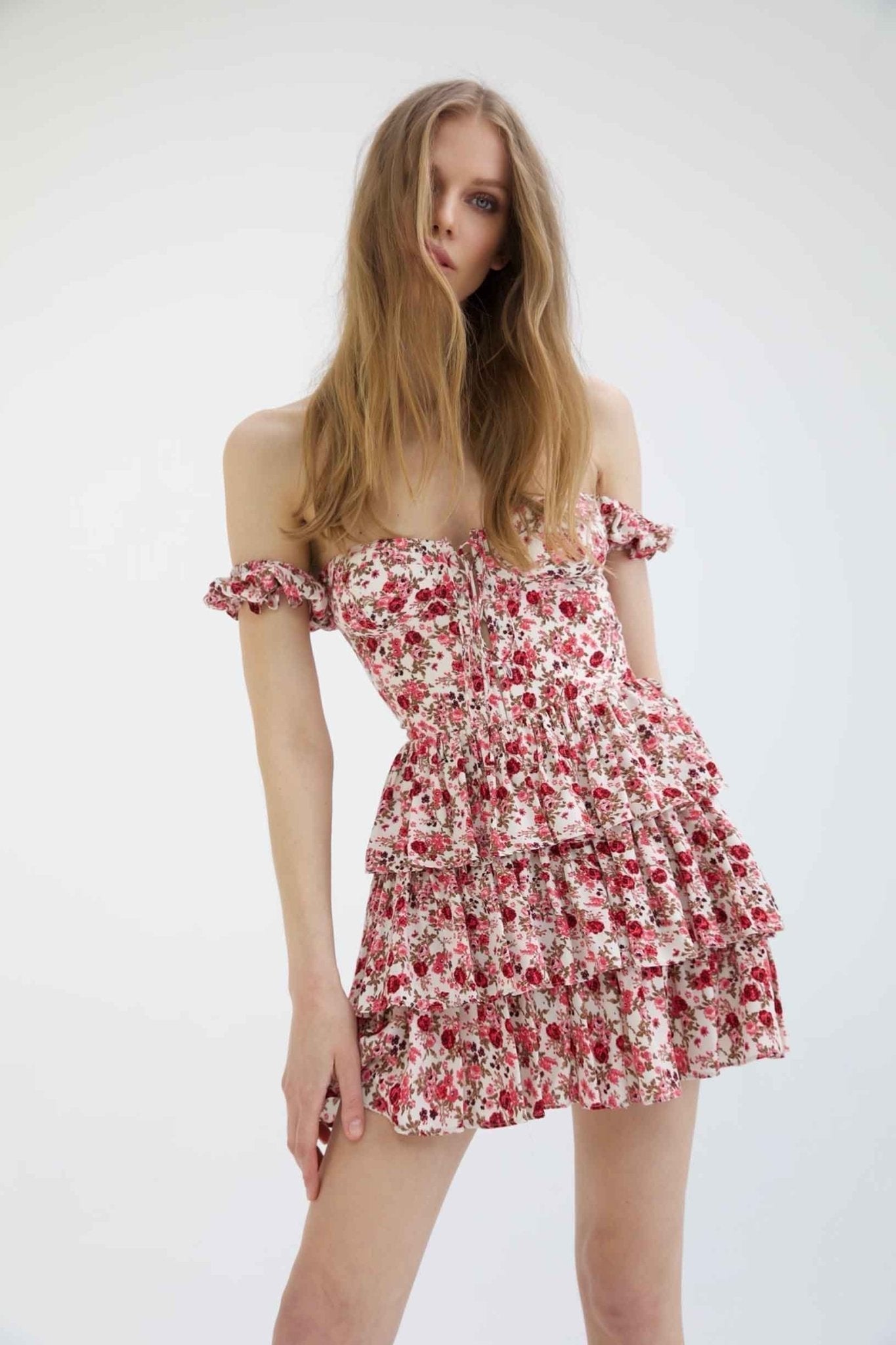 Off Shoulder Sweetheart Corset Tie Front Tiered Ruffle Floral Mini Dress