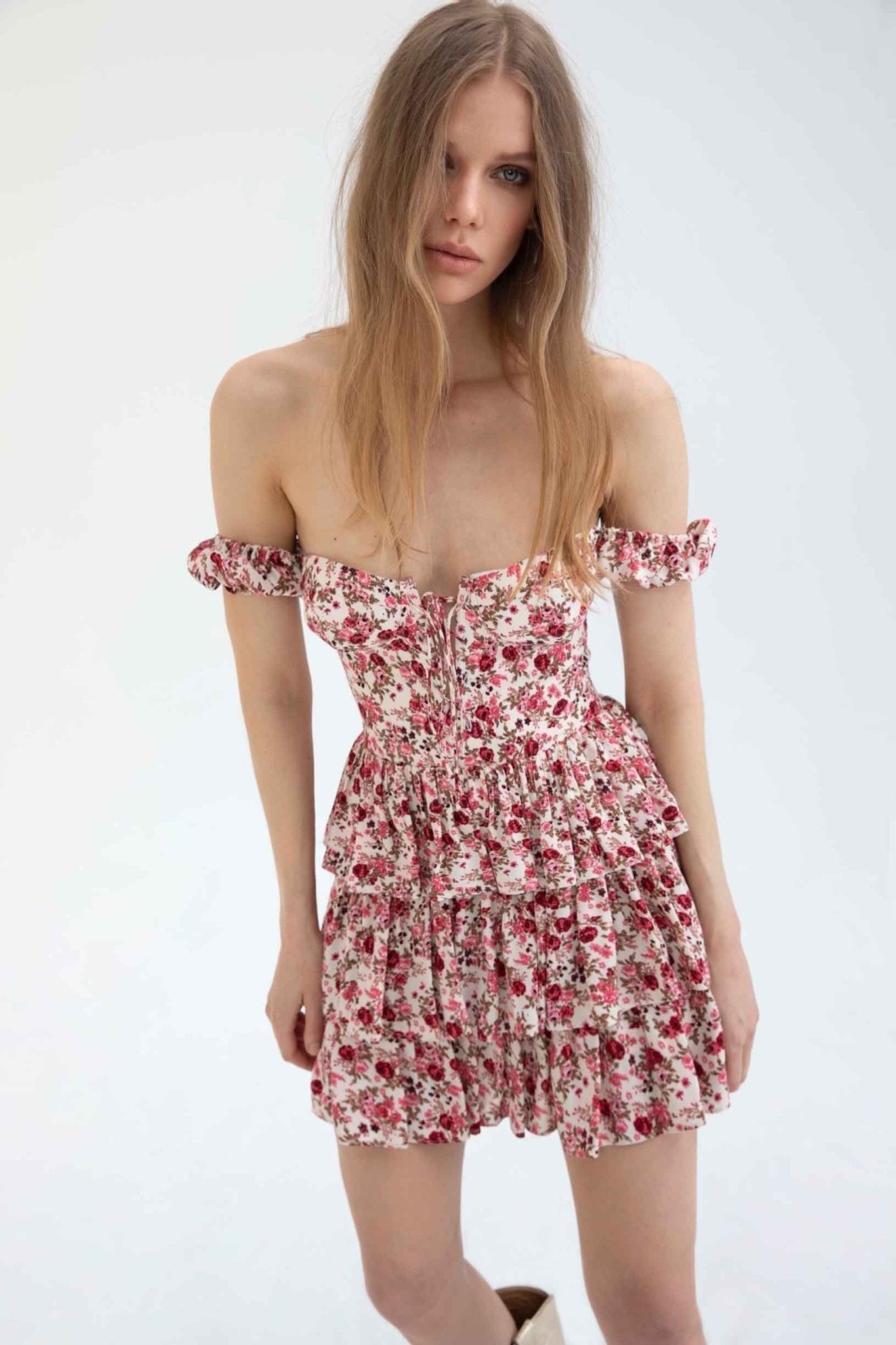 Off Shoulder Sweetheart Corset Tie Front Tiered Ruffle Floral Mini Dress