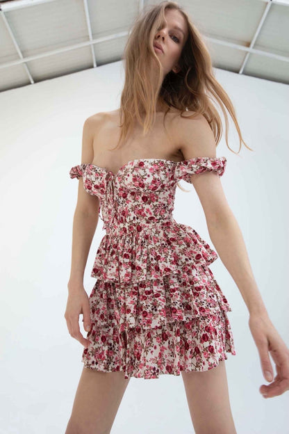 Off Shoulder Sweetheart Corset Tie Front Tiered Ruffle Floral Mini Dress