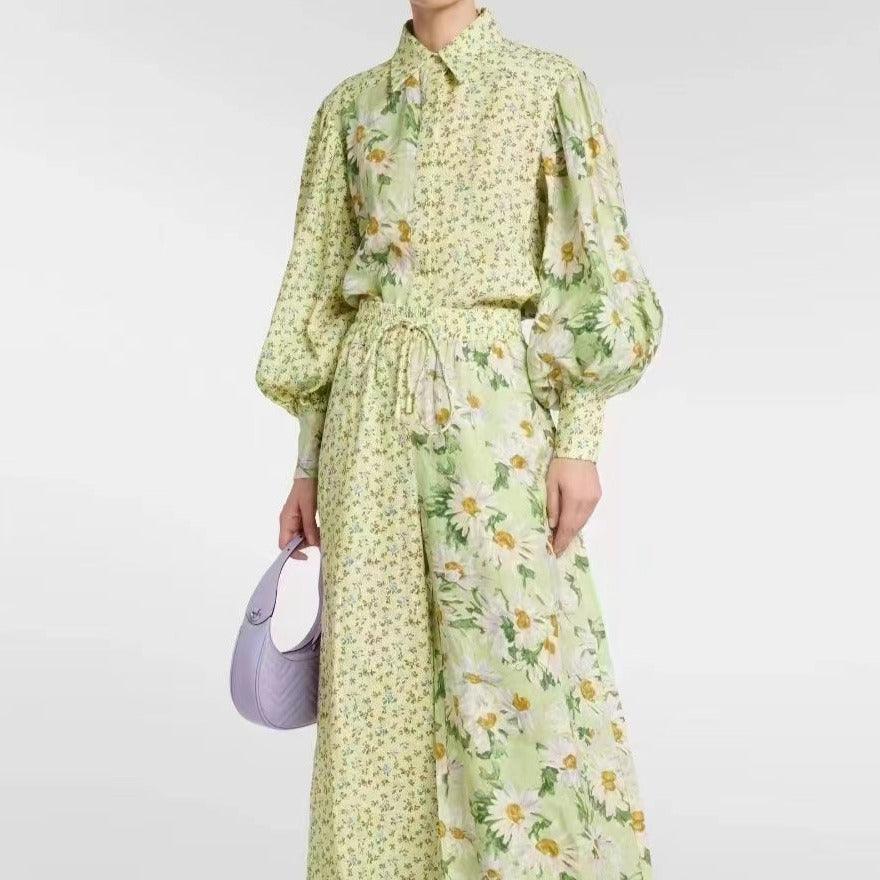 KittenAlarm - Maddie Floral Lantern Sleeve Blouses & Tie Strap Long Pants Set