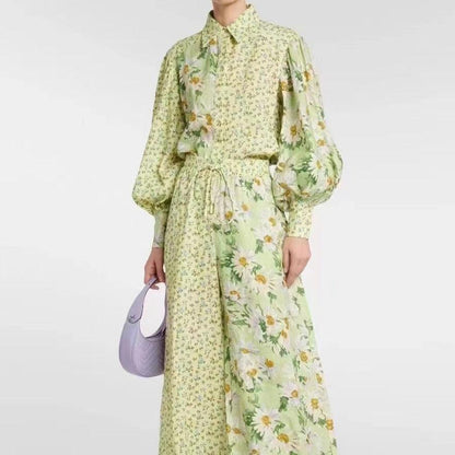 KittenAlarm - Maddie Floral Lantern Sleeve Blouses & Tie Strap Long Pants Set