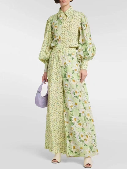 KittenAlarm - Maddie Floral Lantern Sleeve Blouses & Tie Strap Long Pants Set