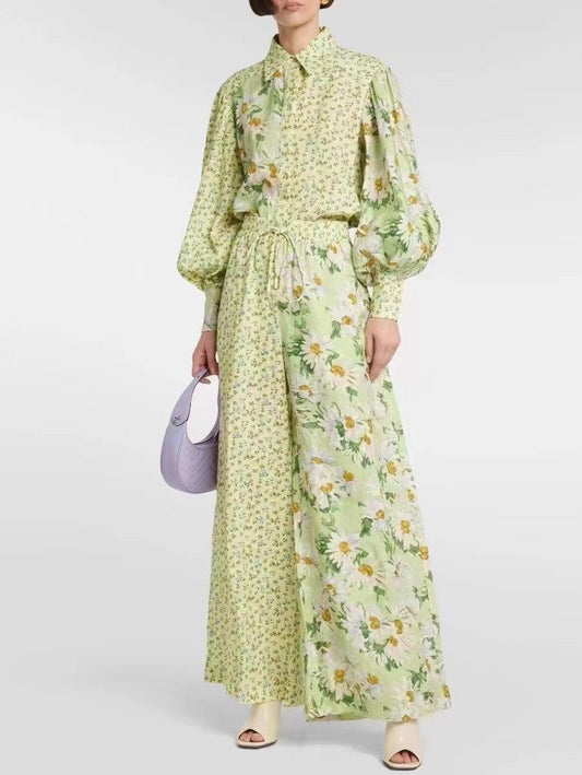 KittenAlarm - Maddie Floral Lantern Sleeve Blouses & Tie Strap Long Pants Set