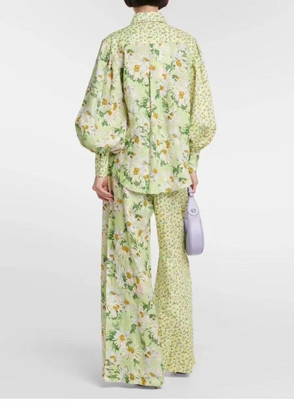 KittenAlarm - Maddie Floral Lantern Sleeve Blouses & Tie Strap Long Pants Set