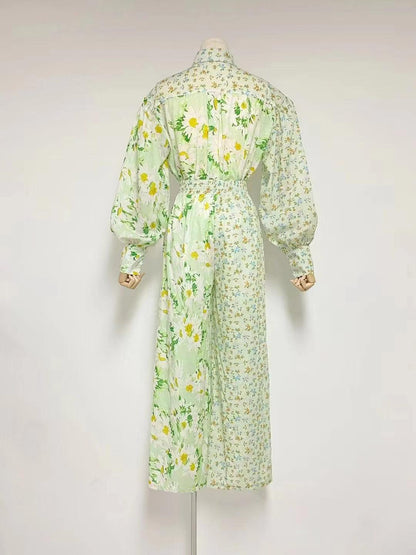 KittenAlarm - Maddie Floral Lantern Sleeve Blouses & Tie Strap Long Pants Set