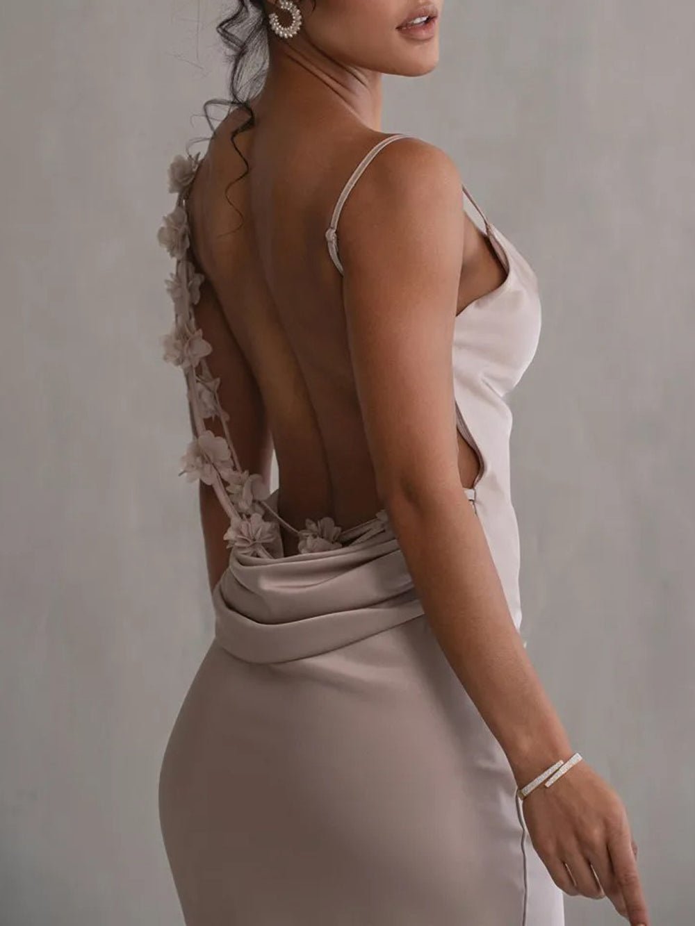 Satin Cowl Neck Spaghetti Strap Flared Trumpet Hem Floor Length Maxi Gown