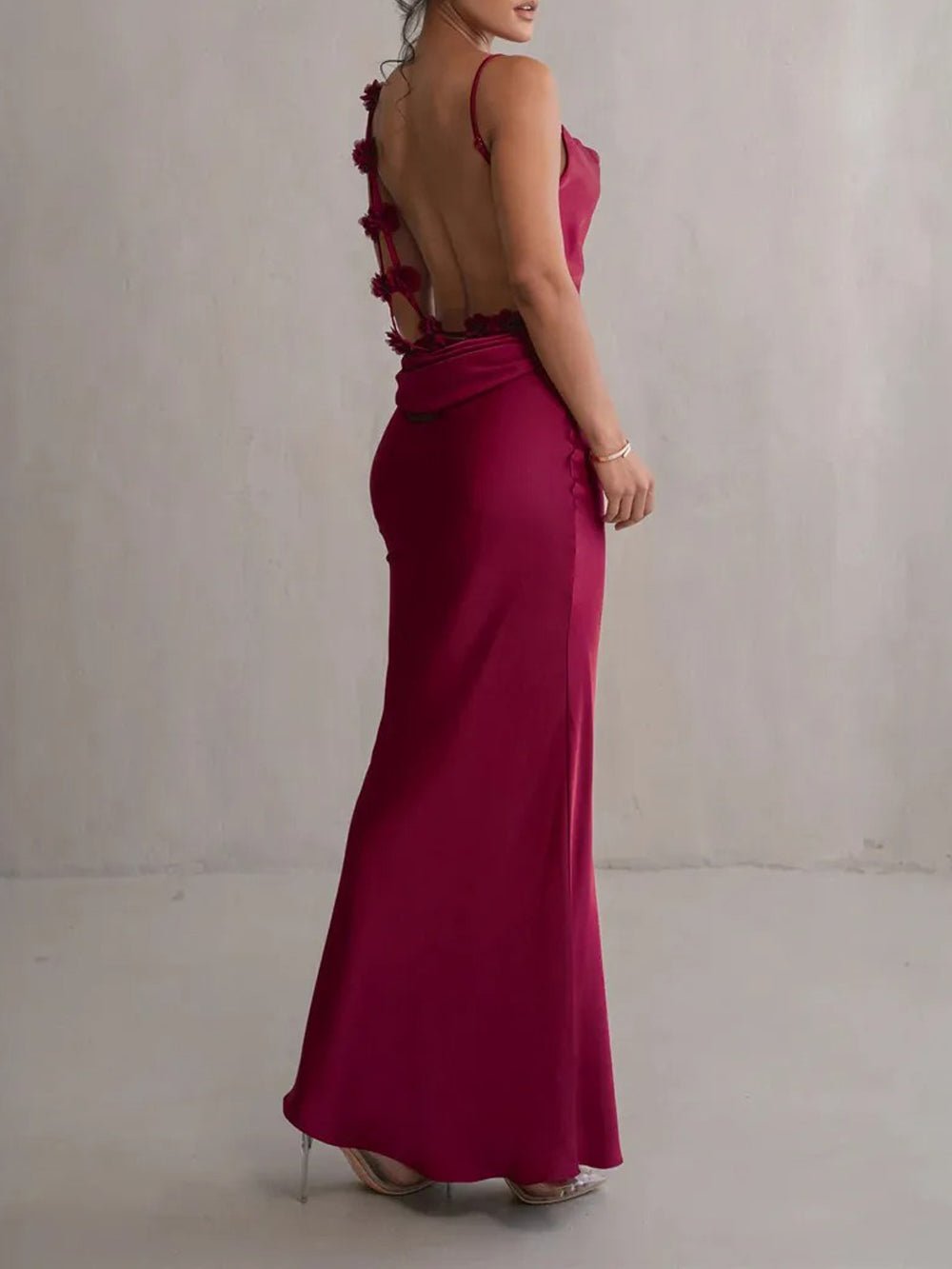 Satin Cowl Neck Spaghetti Strap Flared Trumpet Hem Floor Length Maxi Gown