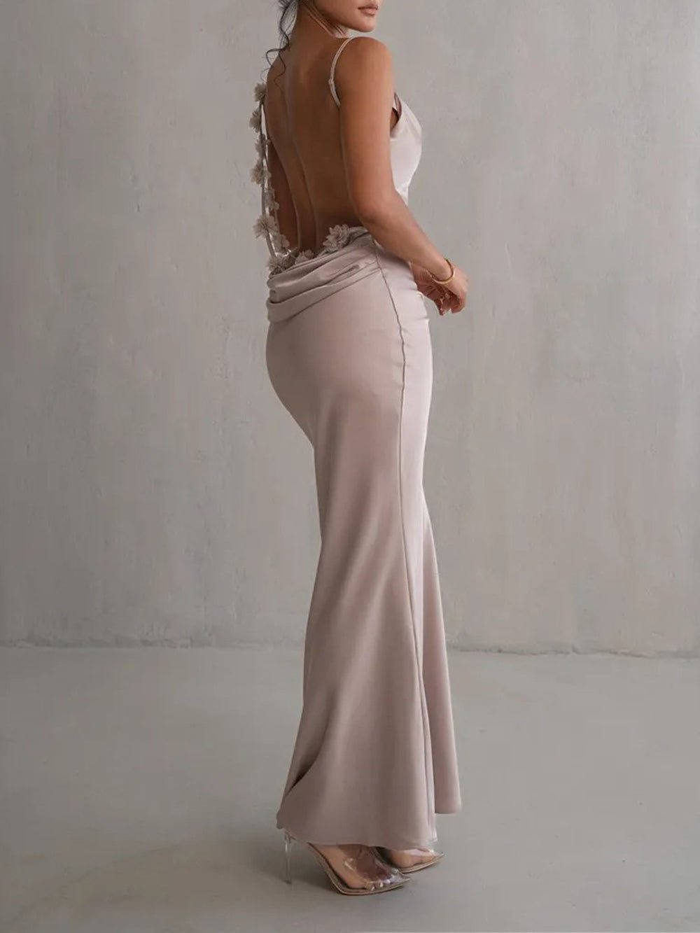 Satin Cowl Neck Spaghetti Strap Flared Trumpet Hem Floor Length Maxi Gown