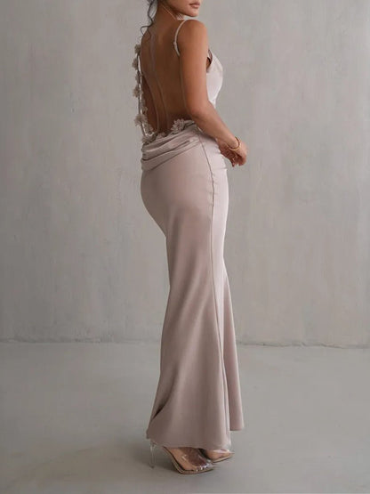Satin Cowl Neck Spaghetti Strap Flared Trumpet Hem Floor Length Maxi Gown