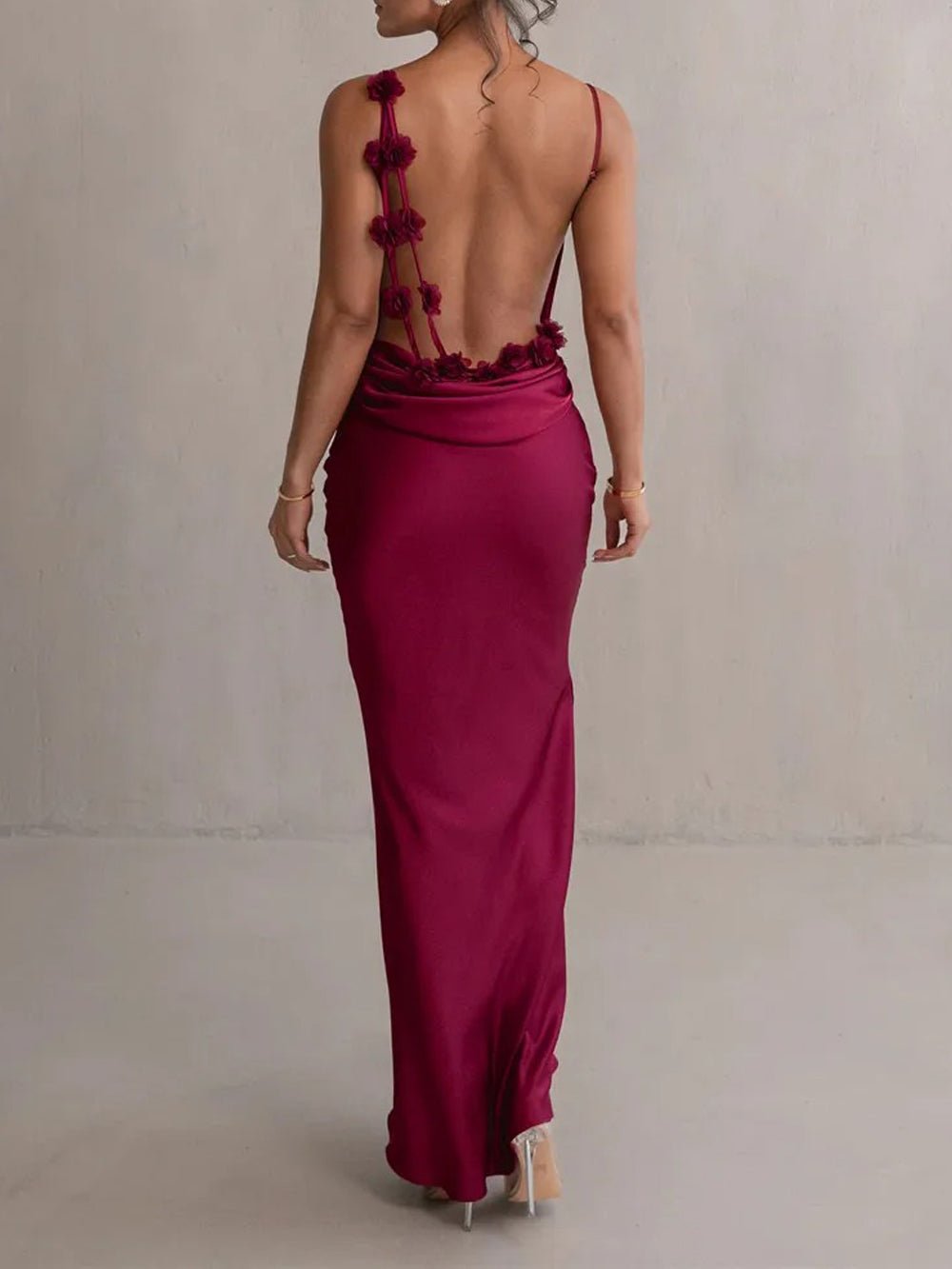 Satin Cowl Neck Spaghetti Strap Flared Trumpet Hem Floor Length Maxi Gown