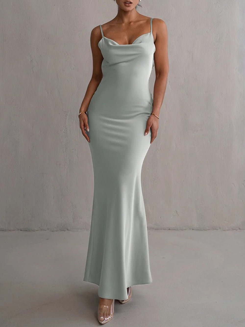 Satin Cowl Neck Spaghetti Strap Flared Trumpet Hem Floor Length Maxi Gown