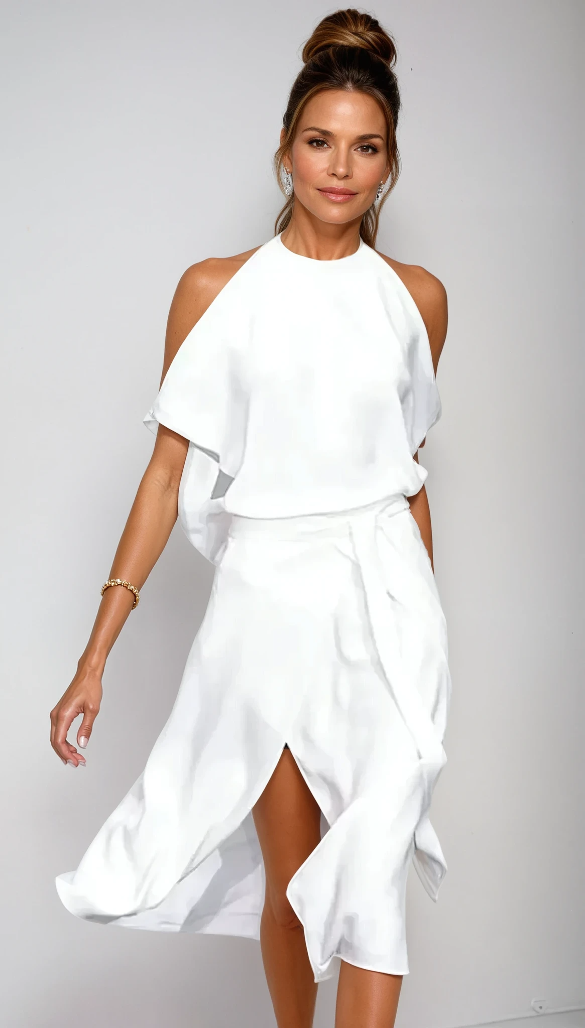 Women's White Halter Neck Midi Dress – Asymmetrical Flowing Hem
