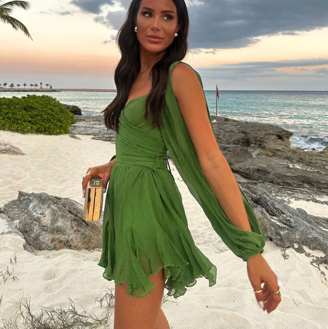 Deep V Neck Split Sleeve Tie Waist Ruffle Tassel Trim Mini Dress