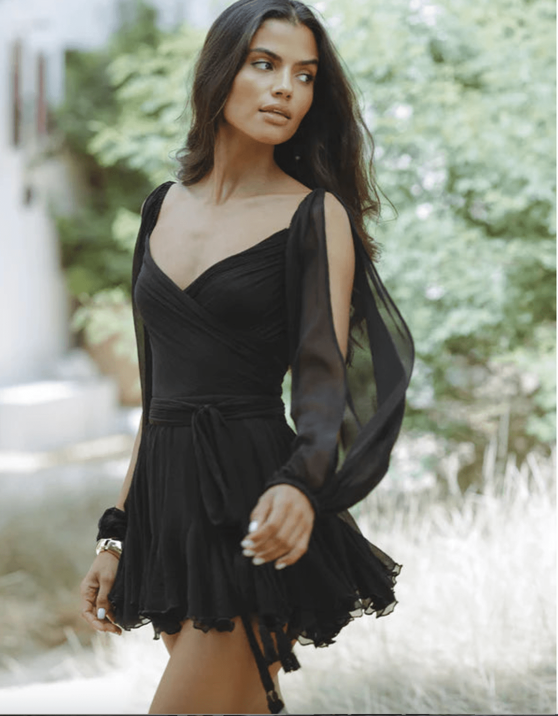 Deep V Neck Split Sleeve Tie Waist Ruffle Tassel Trim Mini Dress