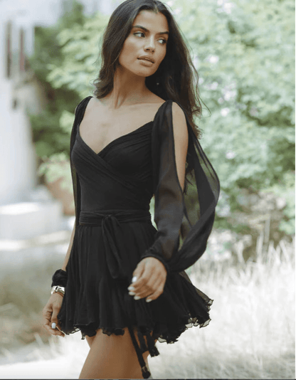 Deep V Neck Split Sleeve Tie Waist Ruffle Tassel Trim Mini Dress