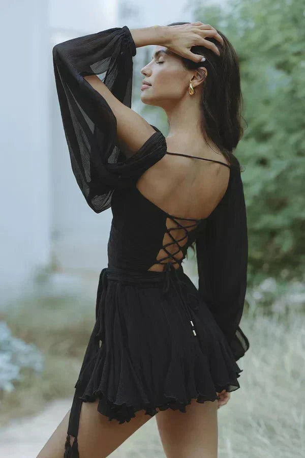 Deep V Neck Split Sleeve Tie Waist Ruffle Tassel Trim Mini Dress