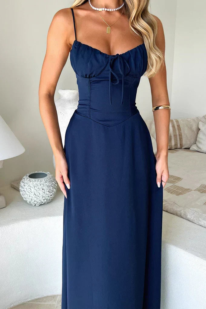 Corset Ruched Sweetheart Tie-Front Spaghetti Strap Maxi Dress
