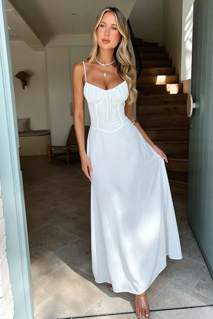 Corset Ruched Sweetheart Tie-Front Spaghetti Strap Maxi Dress