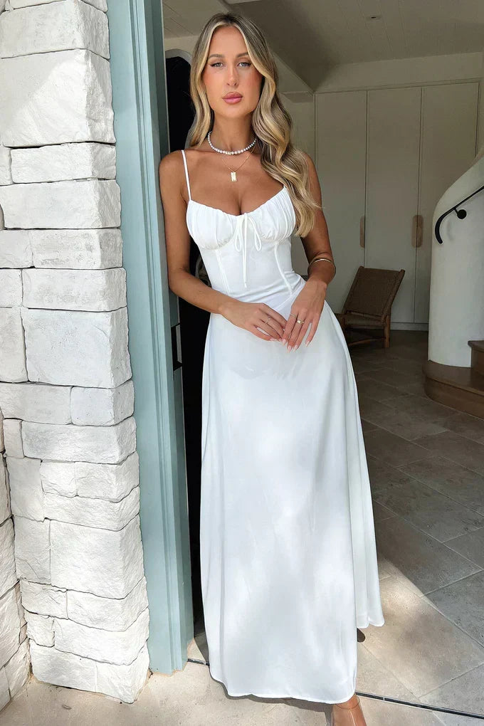 Corset Ruched Sweetheart Tie-Front Spaghetti Strap Maxi Dress