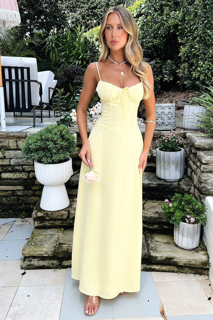 Corset Ruched Sweetheart Tie-Front Spaghetti Strap Maxi Dress