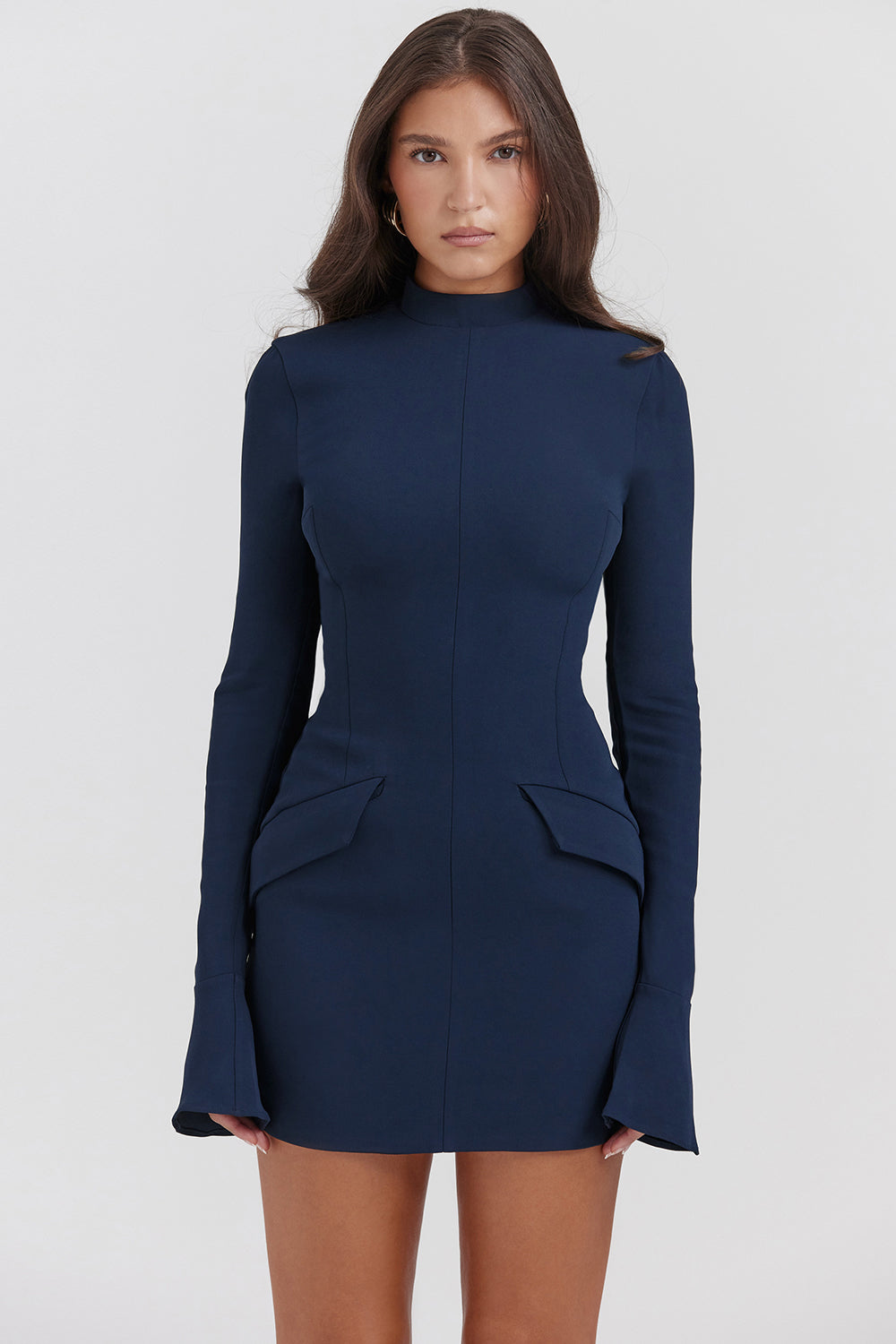 Mock Neck Flared Cuff Long Sleeve Flap Pocket Structured Bodycon Mini Dress