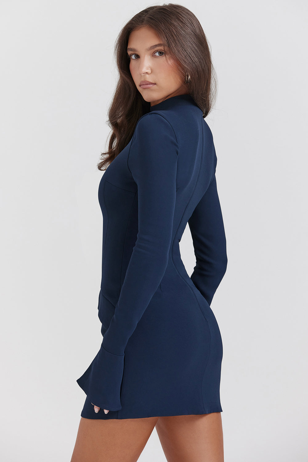 Mock Neck Long Sleeve Flap Pocket Structured Mini Dress