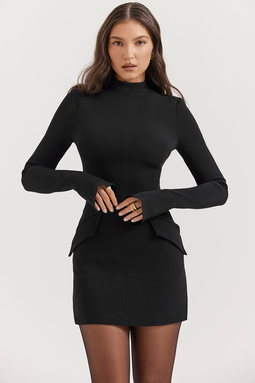 Mock Neck Long Sleeve Flap Pocket Structured Mini Dress