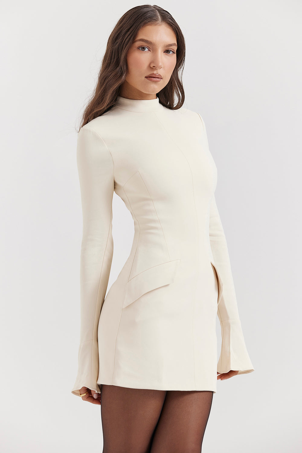 Mock Neck Long Sleeve Flap Pocket Structured Mini Dress