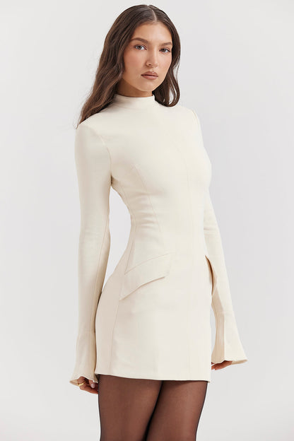 Mock Neck Long Sleeve Flap Pocket Structured Mini Dress