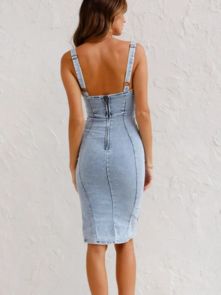 Denim Corset Panel Scoop Neck Zip Front High Slit Bodycon Midi Dress