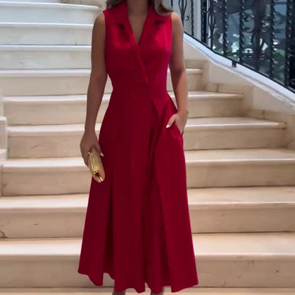 Sleeveless Notched Lapel Wrap Button Waist Pleated Pocket Maxi Dress