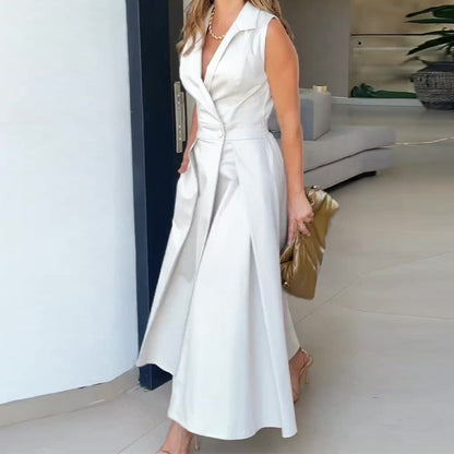 Sleeveless Notched Lapel Single-Button Pleated A-Line Maxi Dress