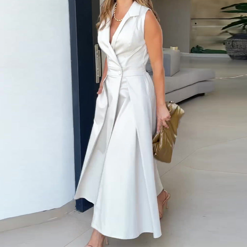 Sleeveless Notched Lapel Wrap Button Waist Pleated Pocket Maxi Dress