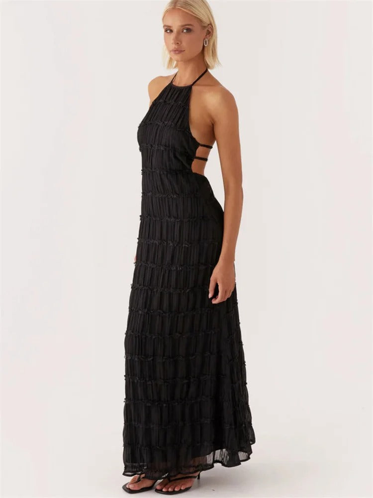 | Halter Neck Maxi Dress, Pleated Texture, Open Back