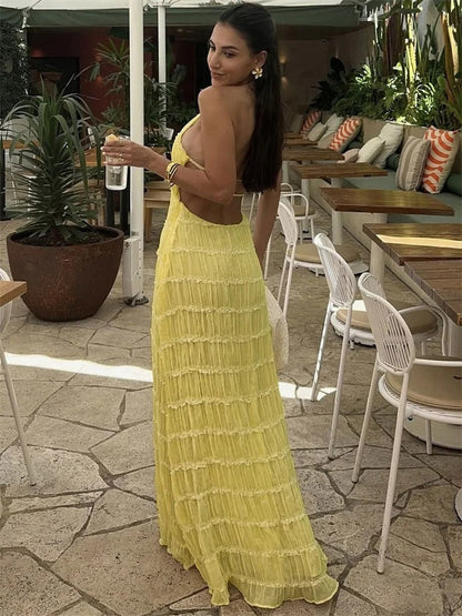 | Halter Neck Maxi Dress, Pleated Texture, Open Back