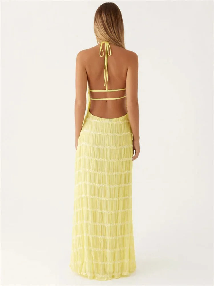 | Halter Neck Maxi Dress, Pleated Texture, Open Back