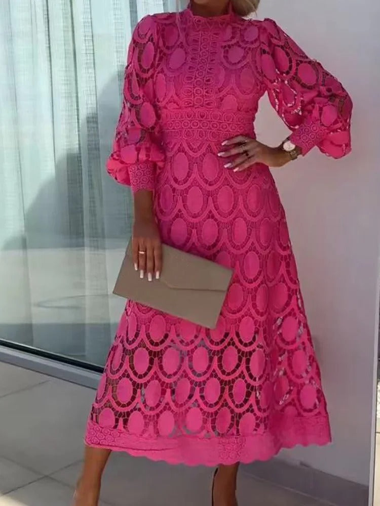 Mock Neck Lace Long Sleeve Waistband Midi Dress