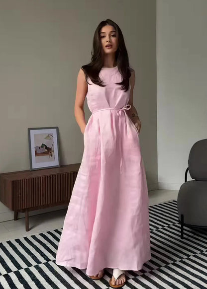 Rosaline Linen Maxi Dress – Sleeveless Tie Waist Summer Dress